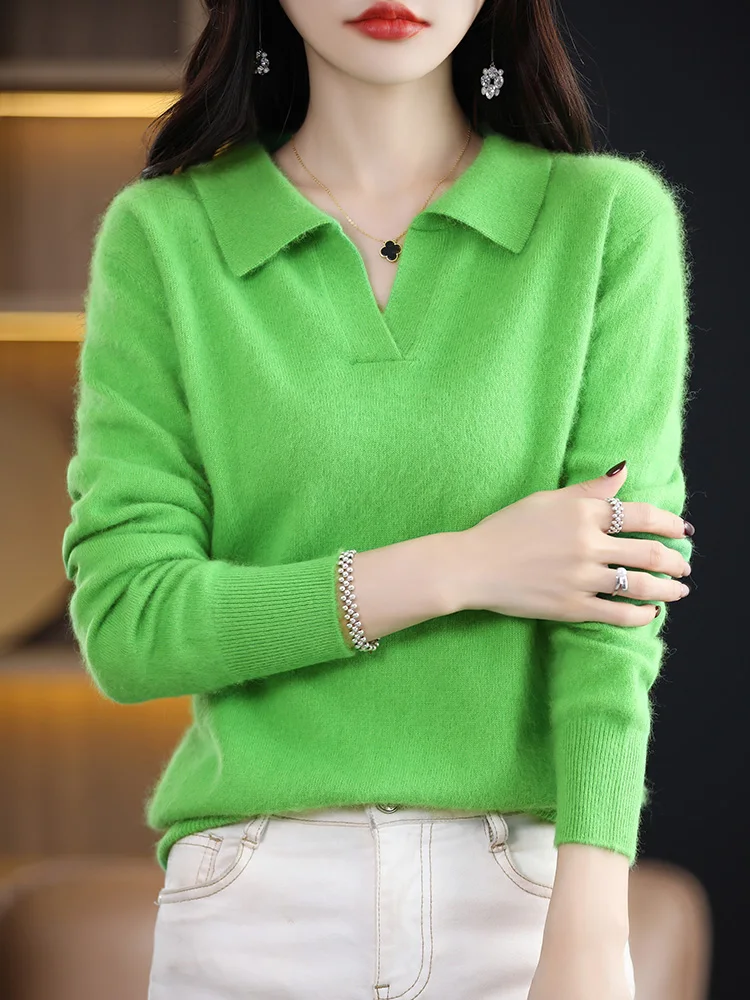 Women\'s 100% Mink Cashmere Sweater Polo Collar Pullovers Long Sleeve Solid Knitwear Korean Popular Clothes Tops Autumn Winter