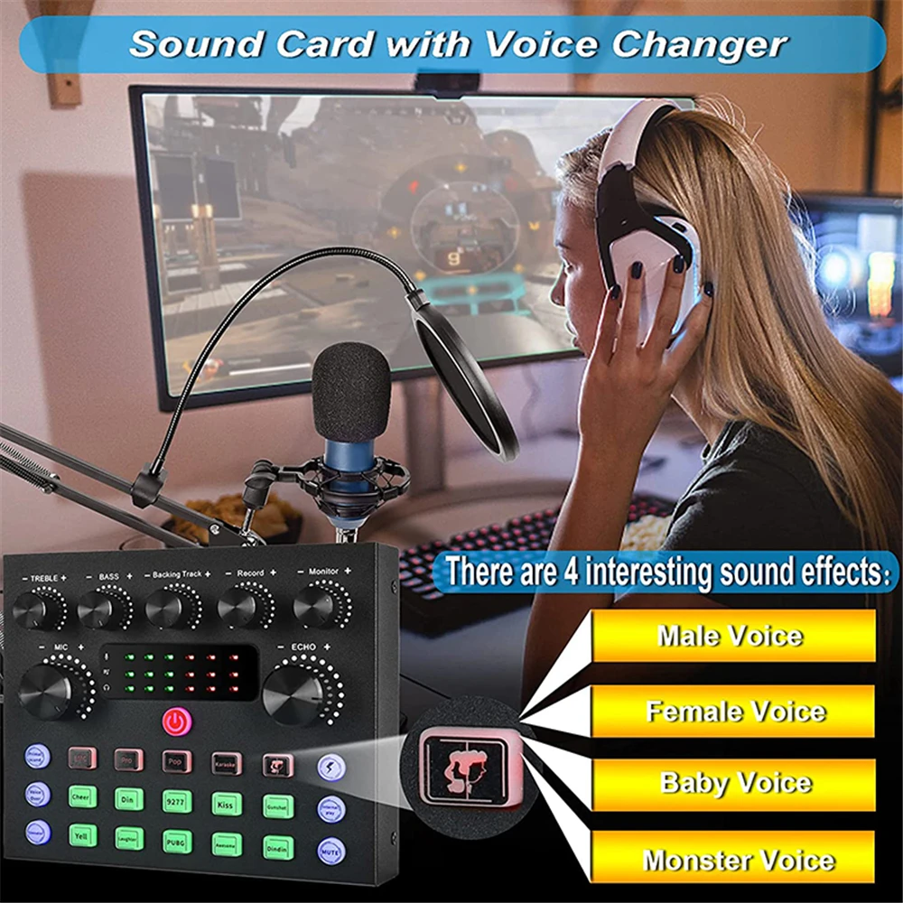 Live Streaming for PC Computer IPhone Broadcasting V8S Sound Card with 10 Sound Effects,3 Inputs, Mic Input