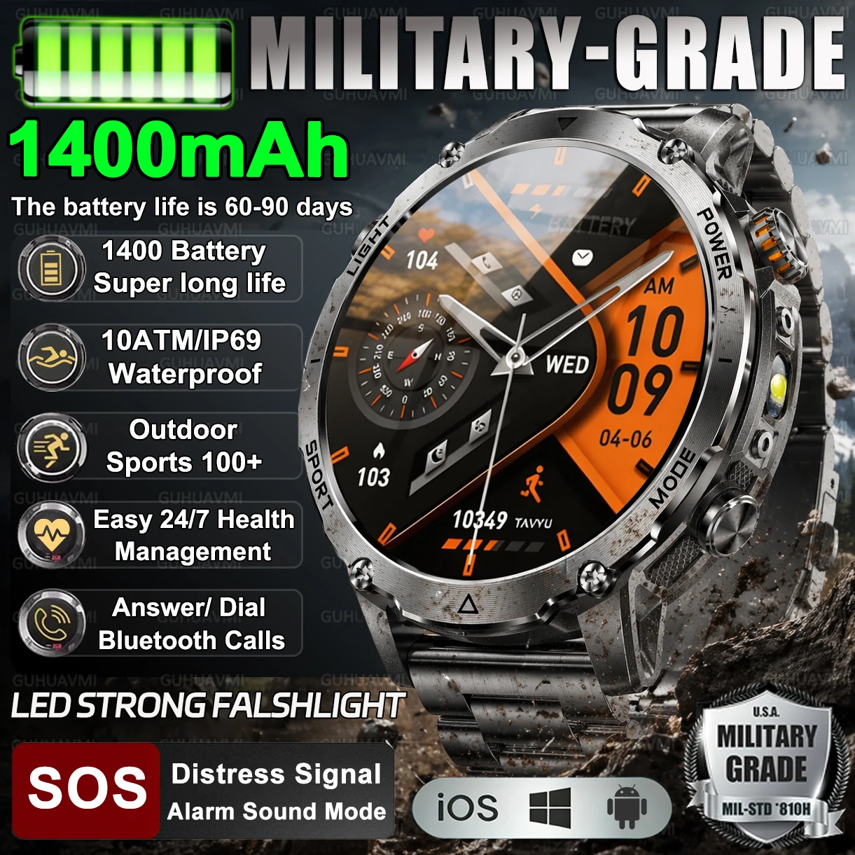 2026 New Built-in 1400mAh Super Large Battery Men Smart Watch Outdoor Sports 1.7"AMOLED Screen 10ATM Waterproof Call Smart watch