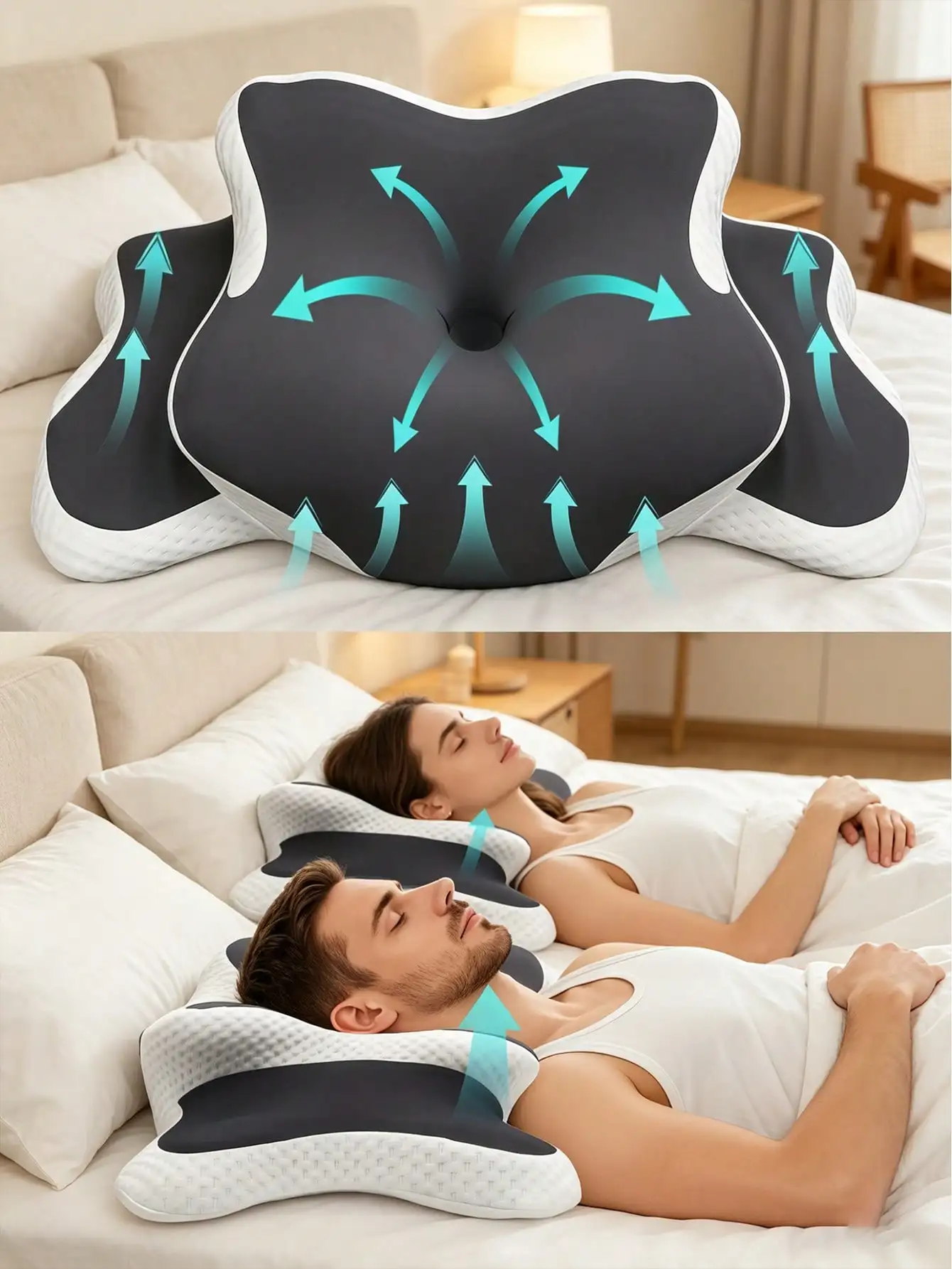 Memory Foam Butterfly Neck Pillow, C Shape, Dual Height Adjustable, Side Back Stomach Sleepers, Travel Home, Machine Washable