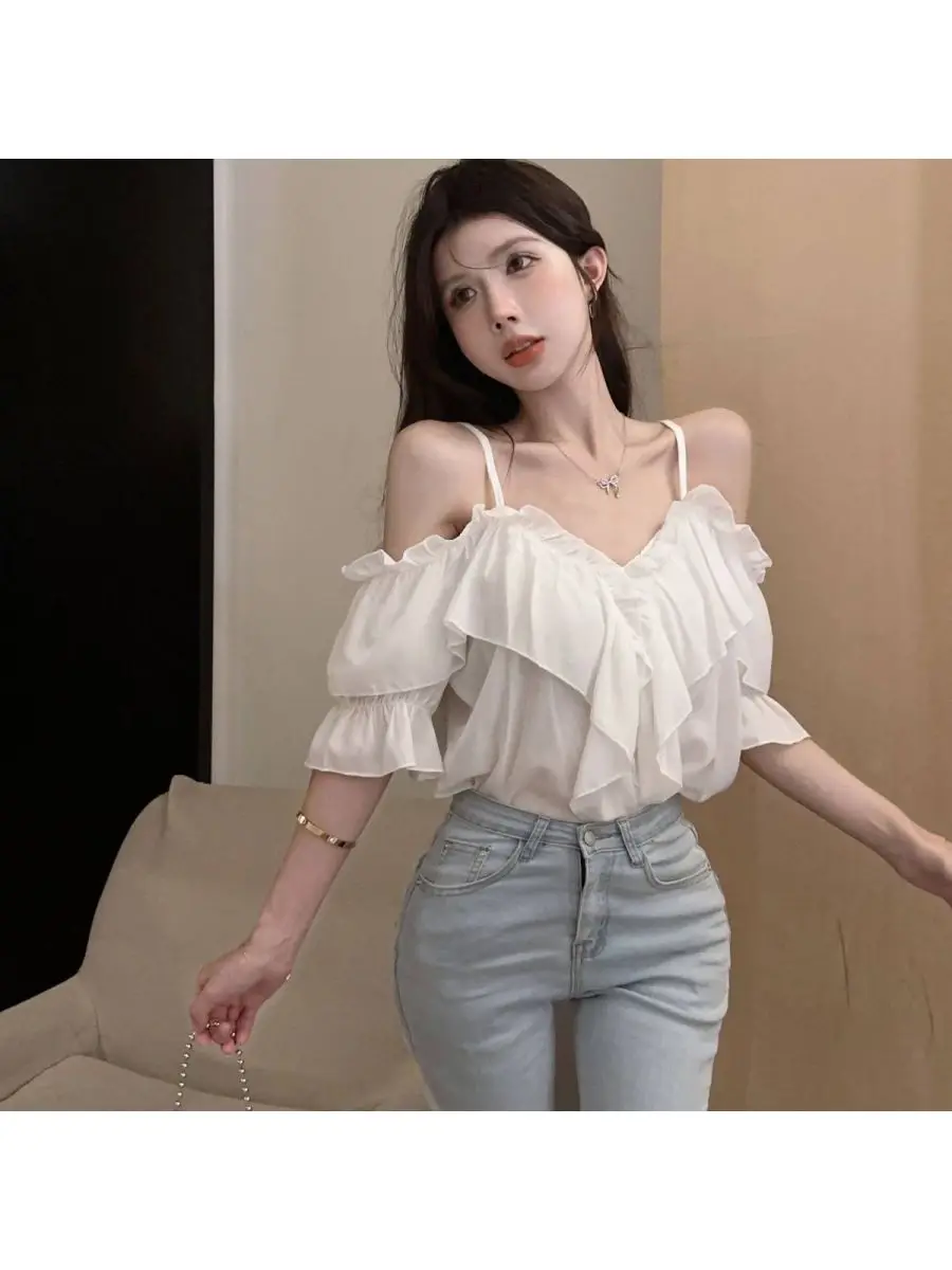 Casual Bubble Sleeve Blouse Women's Summer New Pure Desire Gentle Design Sense Top One-Shoulder Ruffle Hem French Style Loose...