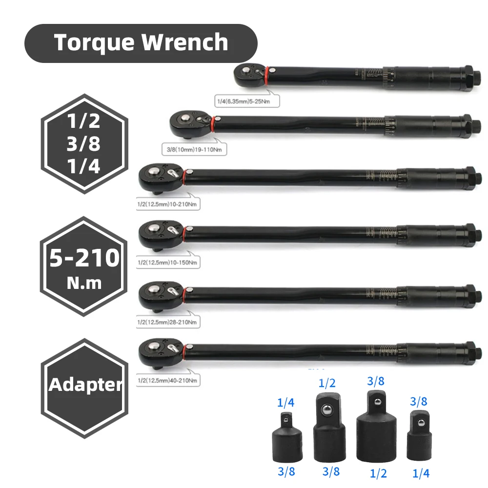 5-210N.m Torque Wrench 3/8 1/2 1/4 Inch Square Drive Precise Tow-way Ratchet Torques Key Professional Automotive Car Repair Tool