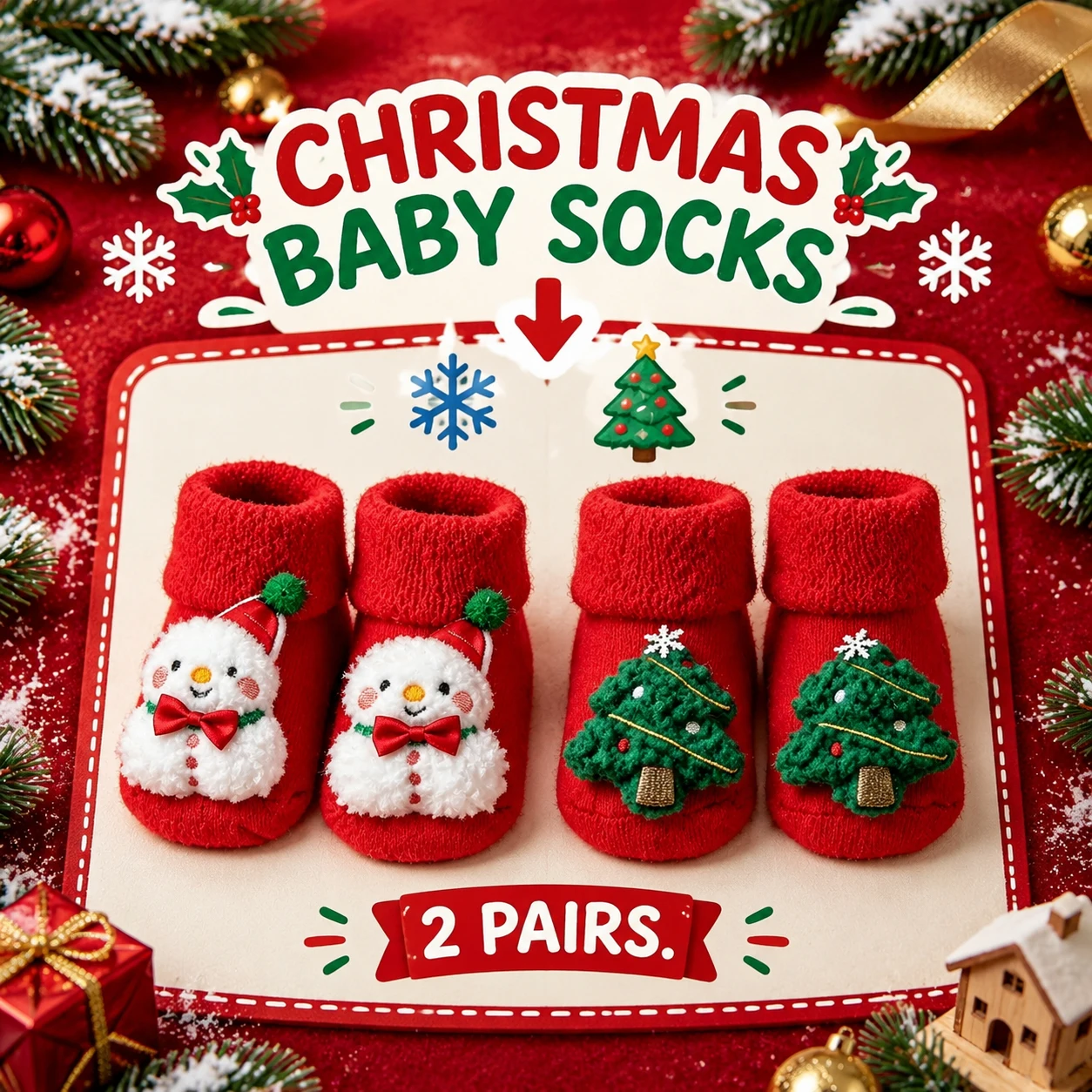 Christmas Baby Socks 2 Pairs Anti-Slip Silicone Grips 3D Plush Snowman Tree Winter Warm Infant Toddler Socks for Boys Girls