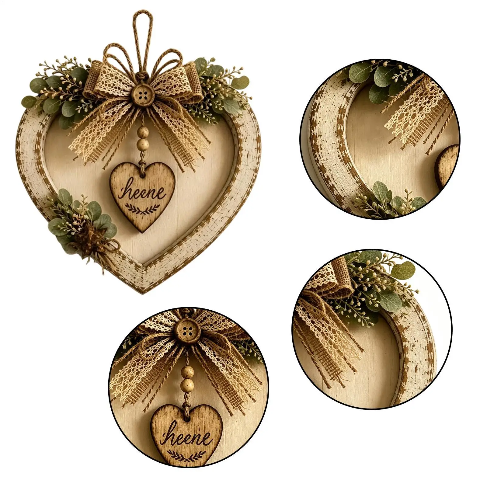 Retro wooden heart-shaped wall Decor Distressed Heart Shape Autumn Wreath with Burlap Bow Rustic Farmhouse Wall Decor for Home