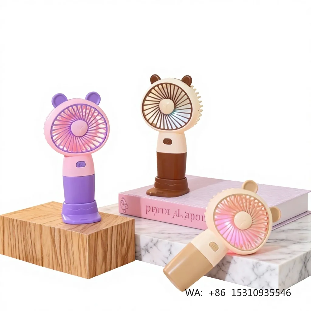 2026 Creative Cute Bear Handheld Mini Fan USB Charging Two-Color Spliced Stylish Three-Speed LED Light Phone Holder