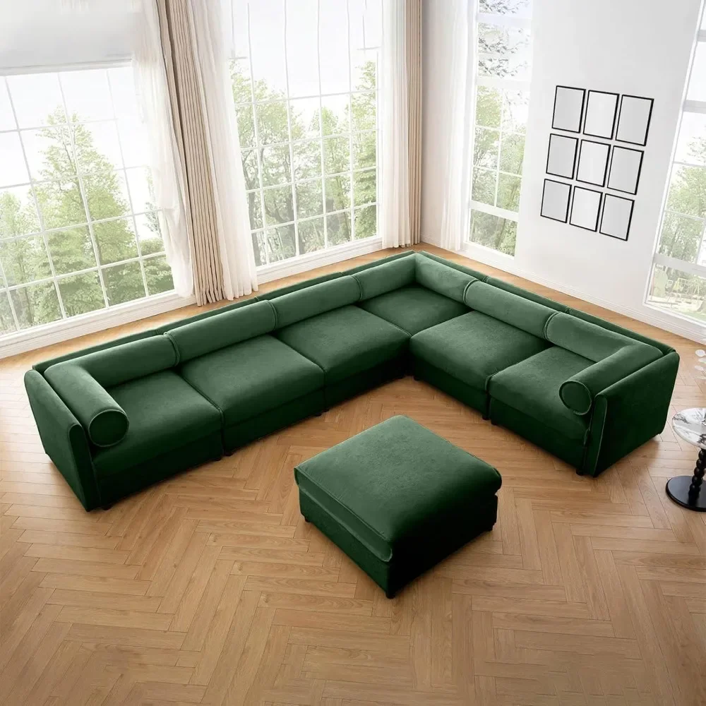 

Deep Seat Chenille L Shape Storage Seat, Modern Large Couch Set 6-Seater Sectional & Ottoman, Cylindrical Backrest & Armrest