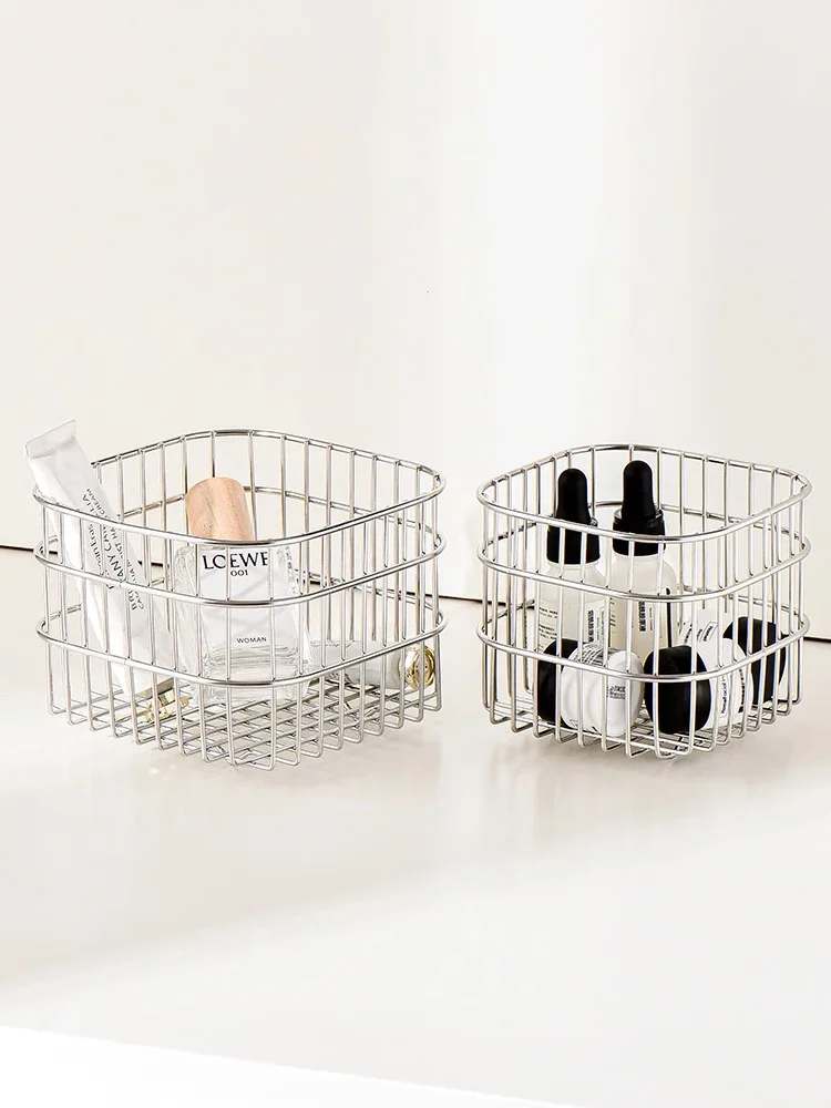 Ahunderjiaz-Luxury Stainless Steel Silver Storage Basket, Cosmetic Pen Holder, Desktop Sundry Square Basket, Home Decoration