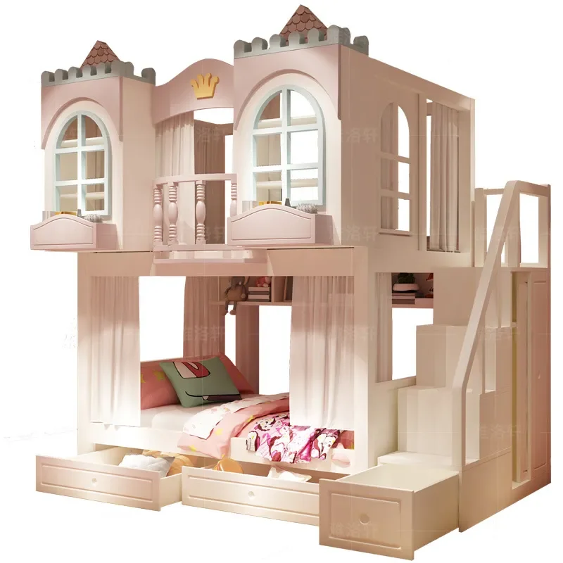 Holz-Etagenbett für Mädchen im Baumhaus-Design, Prinzessinnen-Thema, Doppelstöckiges Hochbett mit niedrigem Rahmen, Kinderzimmermöbel