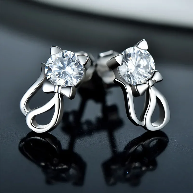 Cute 925 Sterling Silver White CZ Zircon Kitty Cat Gato Stud Earring For Women Children Girls Kids Jewellery Gift brinco pequeno