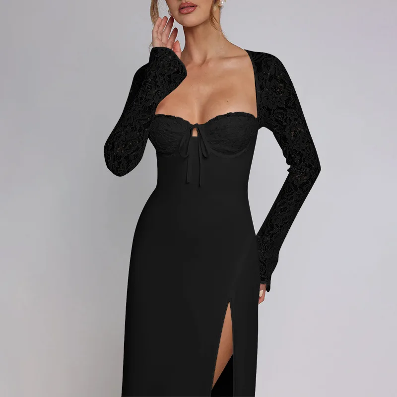 

2025 Small Sexy Lace Stitching Dress Long Dress Women's European And American Style Fashionable Elegant Slim-fit Split Dress