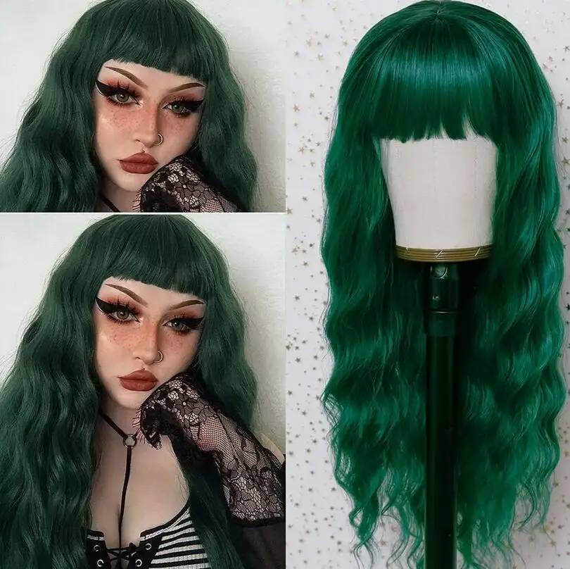 Long Curly Wig Dark Green Wig with Bangs Wavy Women Girls Cosplay Party Costume