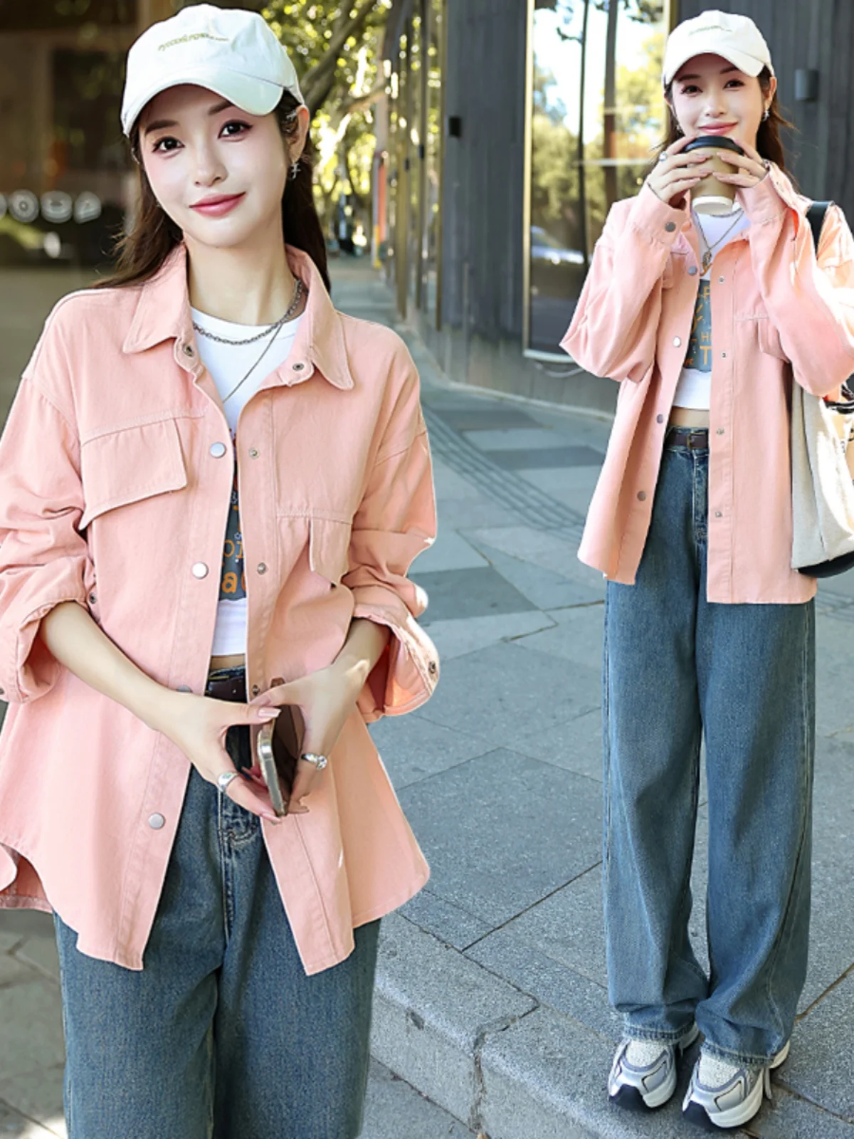 

Женская джинсовая одежда irt Jaet, осенняя повседневная верхняя одежда средней длины, оверсайз на пуговицах, однотонная рабочая одежда, Гонконг Sle