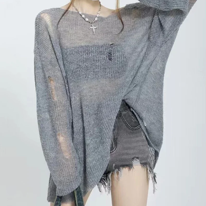 2024 Women Hollow Out Y2K Sexy Sweater Hole Knitted Long Sleeve Streetwear Top Casual Loose Thin Sweater For Women 2024 Autumn