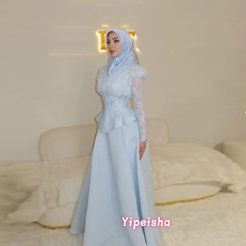 

Customized Women's A-line Evening Dresses Ankle-length V-neck Full Sleeve Prom Dresses Lace Beading Simple Draped Party Gowns