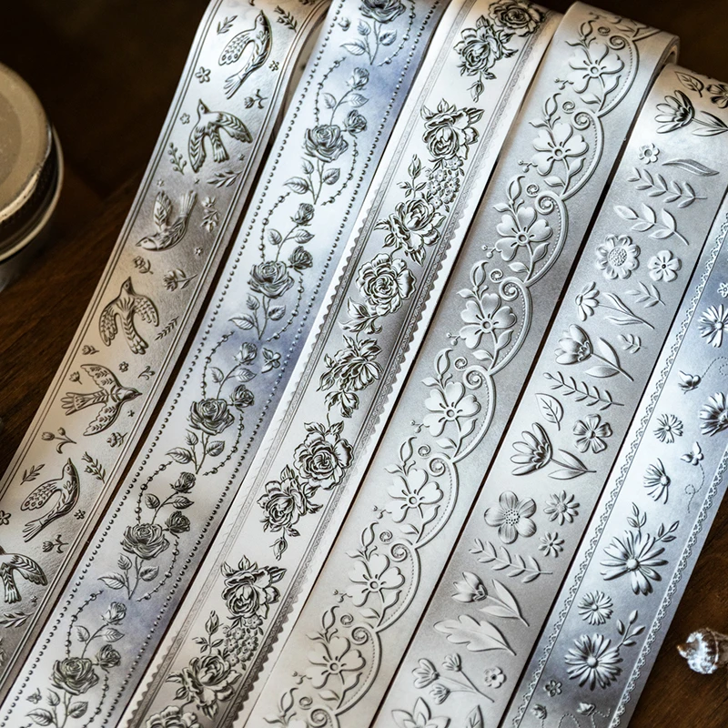 Journal GO 2,5cmx2M Vintage Silber Landschaft PET-Band Blumen Vögel Kreatives DIY Journal-Material Collage Scrapbooking Aufkleber – Detail 8