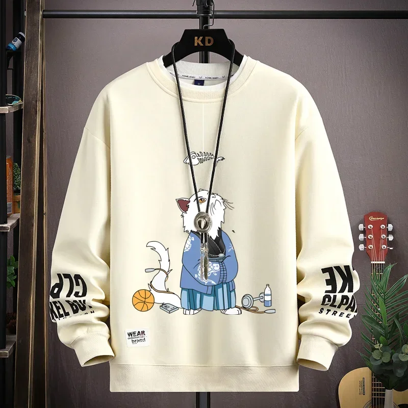 Autumn Men's Sweater Japan Cartoon Cat Printed Sweatshirt Harajuku High Street Trendy Long Sleeve O Neck T-shirt Men's Clothing