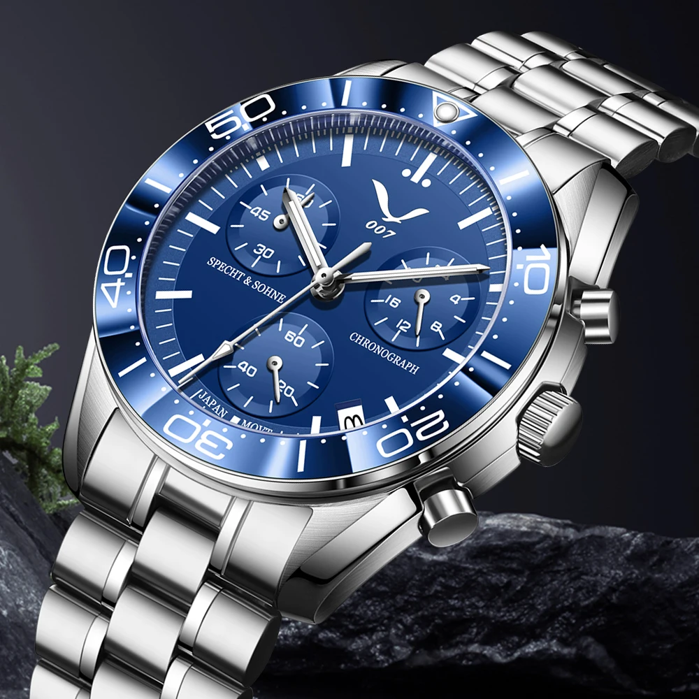 New Specht&Sohne Watch For Men Japan VK68 Multi-functional Chronograph Quartz Watch Green Luminous Sapphire Crystal Waterproof