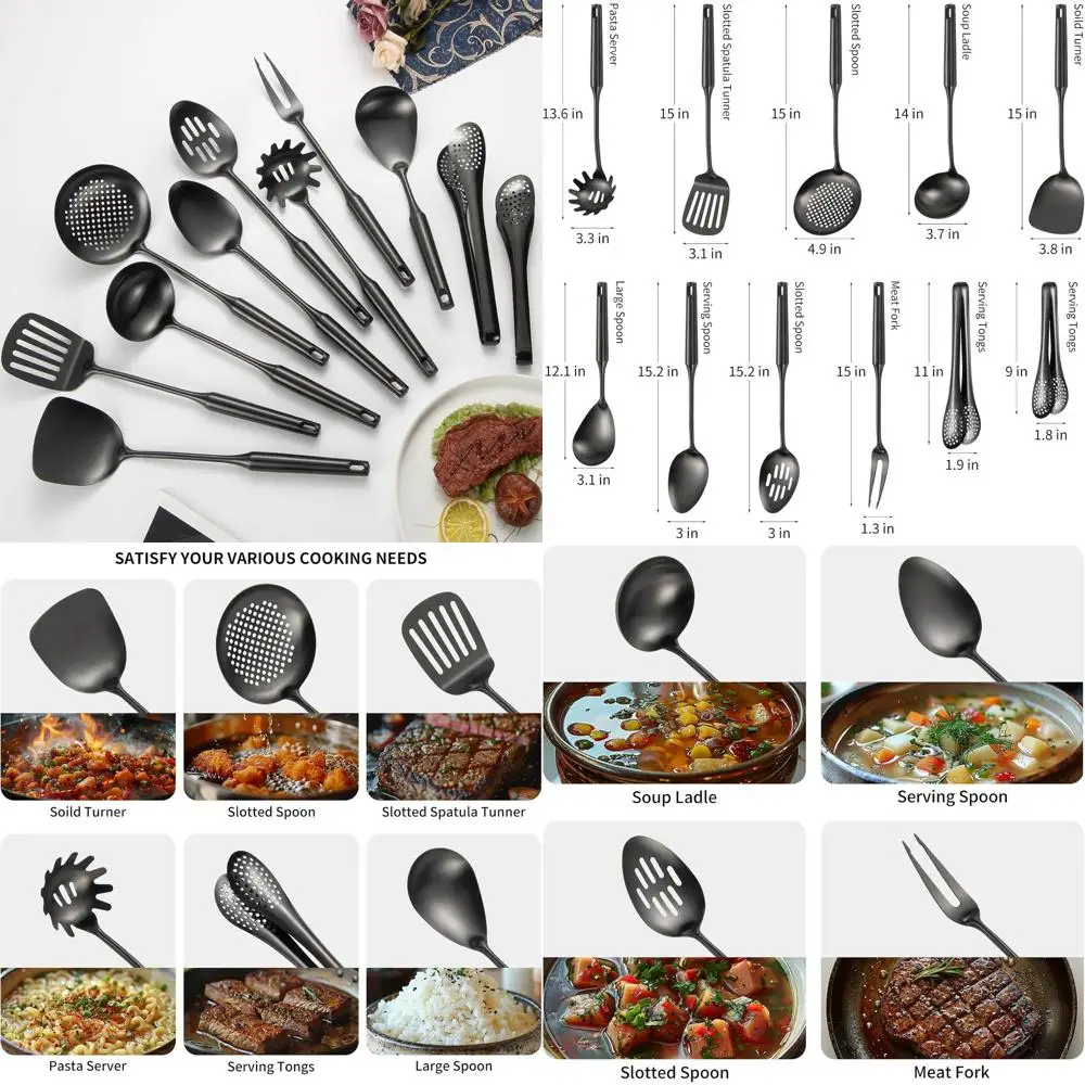 

11-Piece Black Matte Stainless Steel Cooking Utensil Set with Spatula, Ladle, Spoon, Skimmer, Turner, Pasta Server, Tongs - Dish