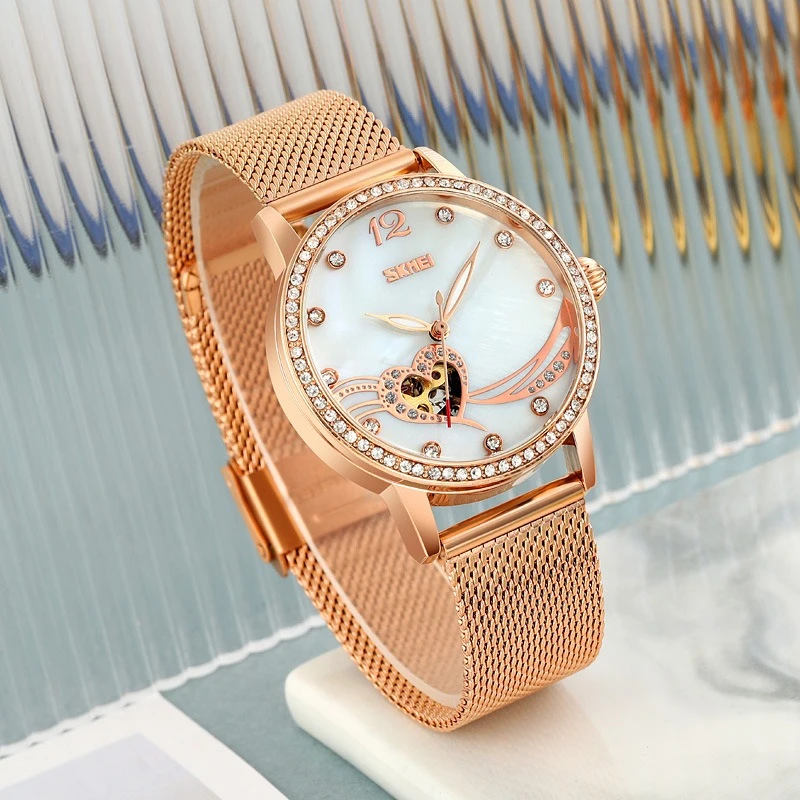 Luminous Skeleton Watch with Rhinestones, Elegant Heart Design, Self-Winding Mechanical Movement Women's Wristwatch