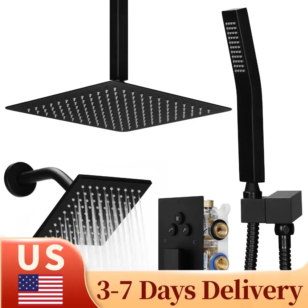 

Комплект душевой системы с потолочным креплением 12 дюймов, настенным креплением 6 дюймов, душевой лейкой, кнопочным переключателем и ручным душем 2-в-1 для ванной комнаты и отеля