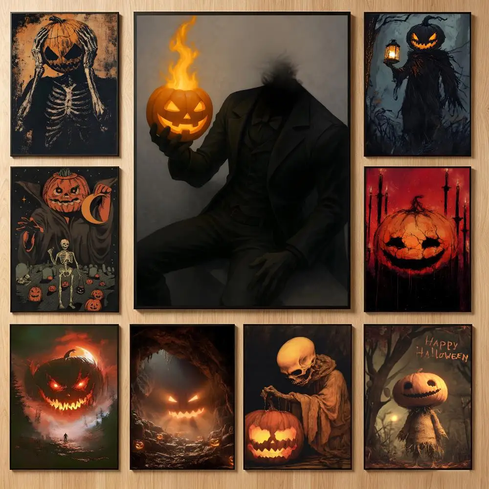 Vintage Ghost Art P-Pumpkin Head Ghost Poster Classic Self-Adhesive PP Wall Sticker for Living Room Bar Decor Gift