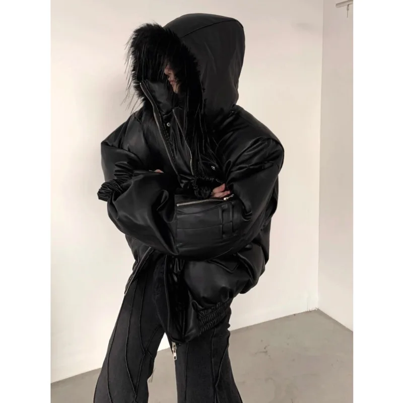 [OIMG] Small niche deconstruction plush PU leather cotton jacket for men with double layered collar design, hooded short