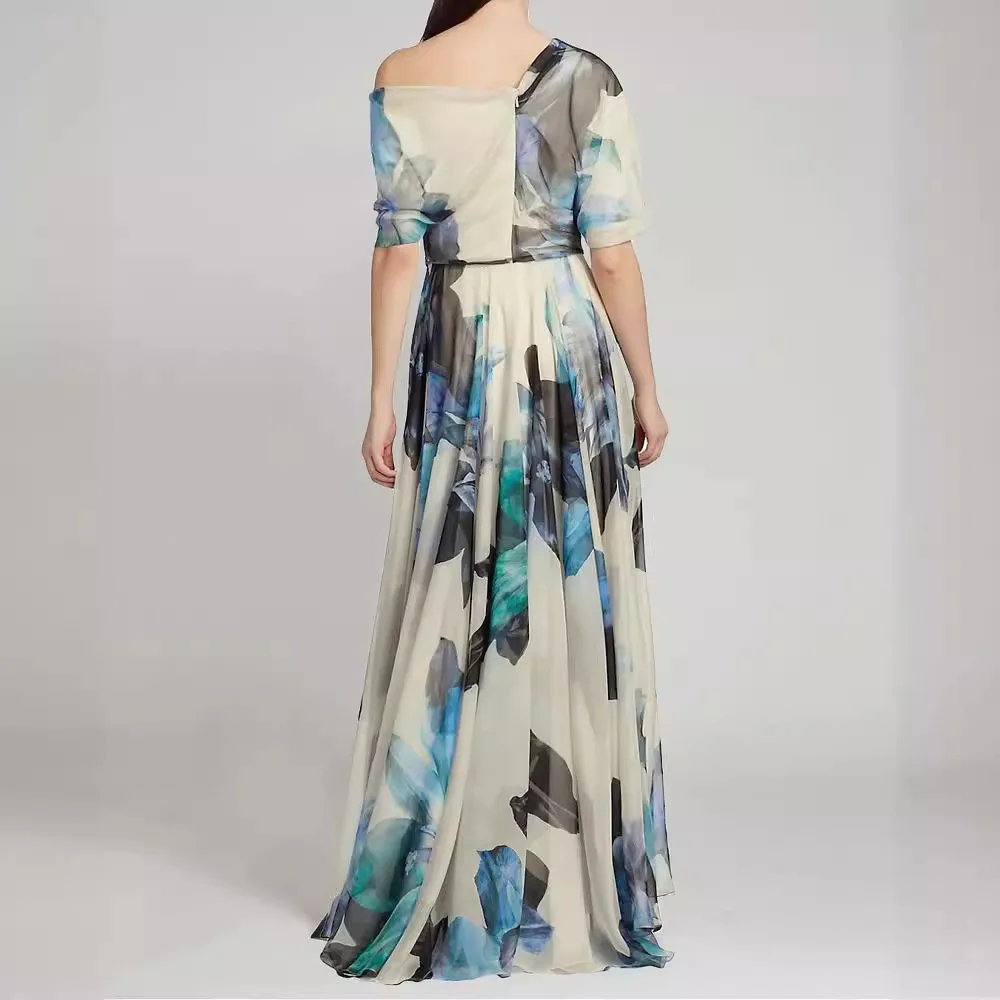 أنيقة بوهو مطبوعة المرأة الصيف فستان طويل مثير قصيرة الأكمام شاطئ فستان الشمس مائل الرقبة مساء حفلة موسيقية ماكسي فساتين Vestidos