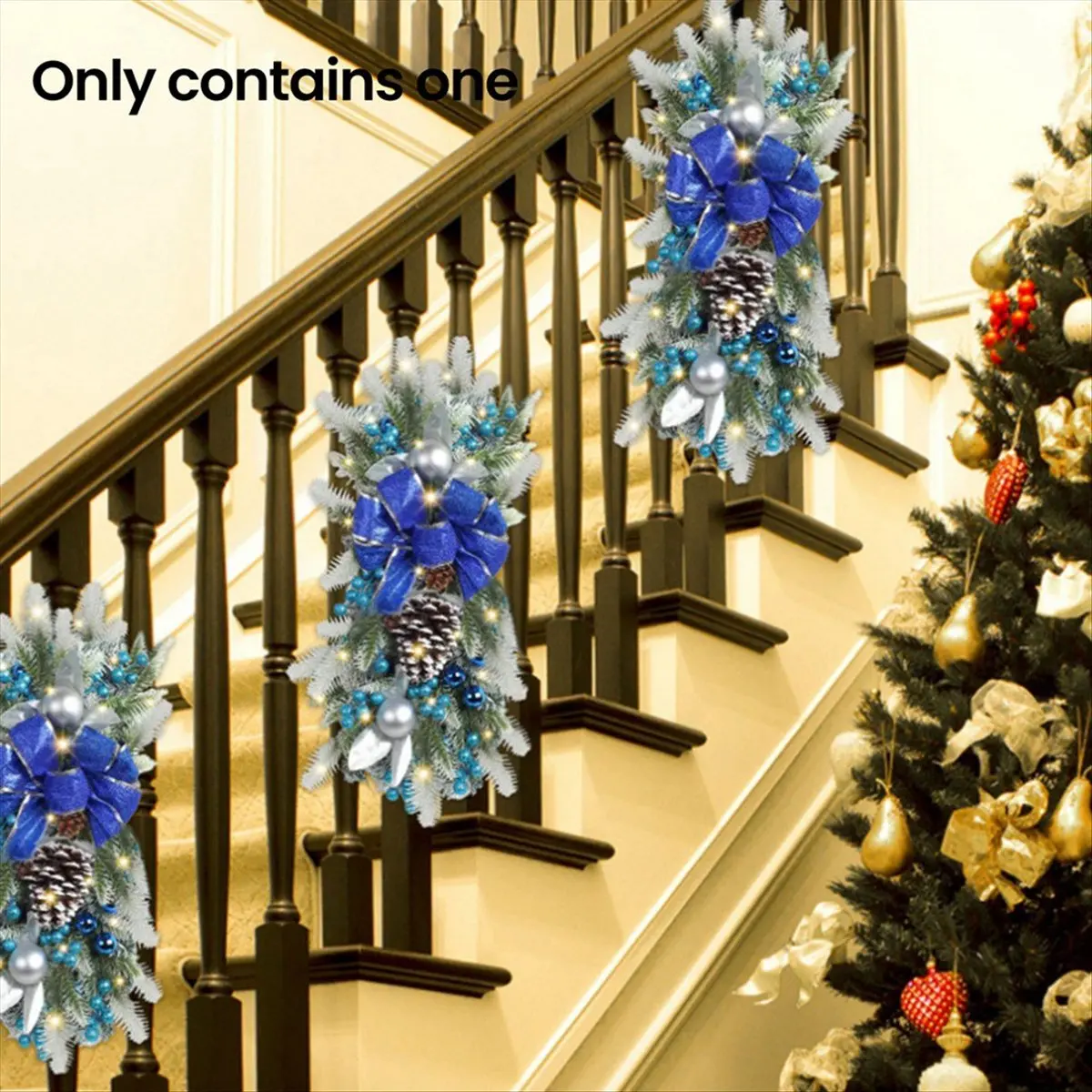 Christmas Wreath Pendants Garland Xmas Decoration Christmas Wreath Hanging Pendant for Holiday Wall Door+LED Light Blue