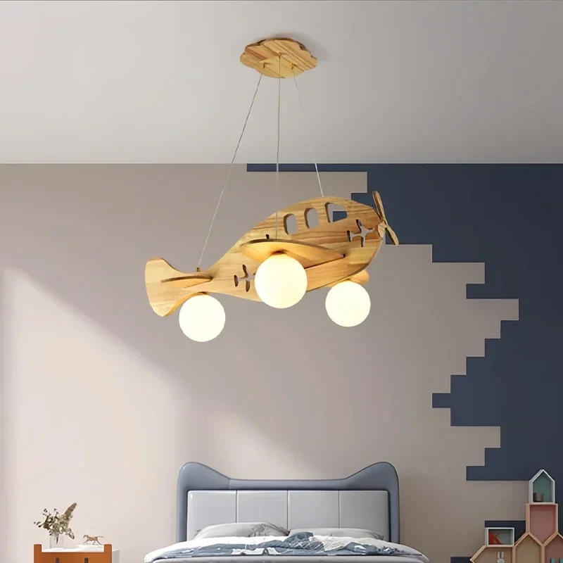 TechHPLed Wooden Plane Lamp Creative Airplane Chandelier Light For Nursery Room Children's Bedroom