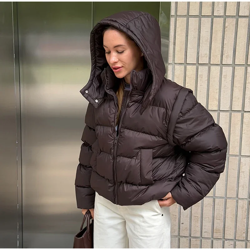 Damen-Wintermäntel, abnehmbare Weste mit langen Ärmeln, wattierte Jacken mit Kapuze, Street-Lady-Stil, Stehkragen, Reißverschluss, lockere Passform, neue Oberbekleidung. – Detail 8