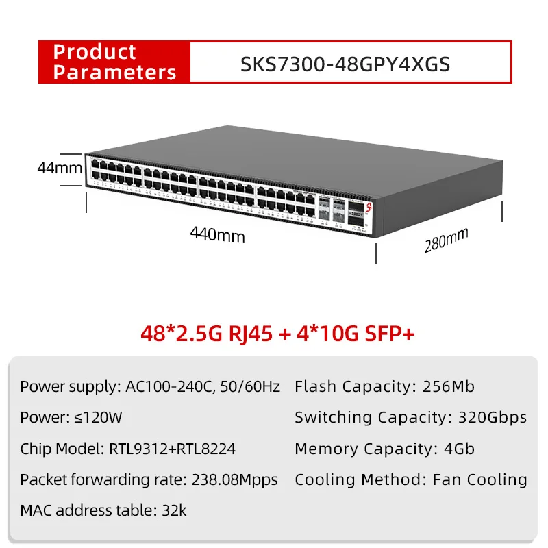 XikeStor 2.5G L2 Managed 48 Ports 2.5G RJ45 4 Ports 10G SFP+ Ethernet WEB/CLI Management Support VLAN/Port Aggregation