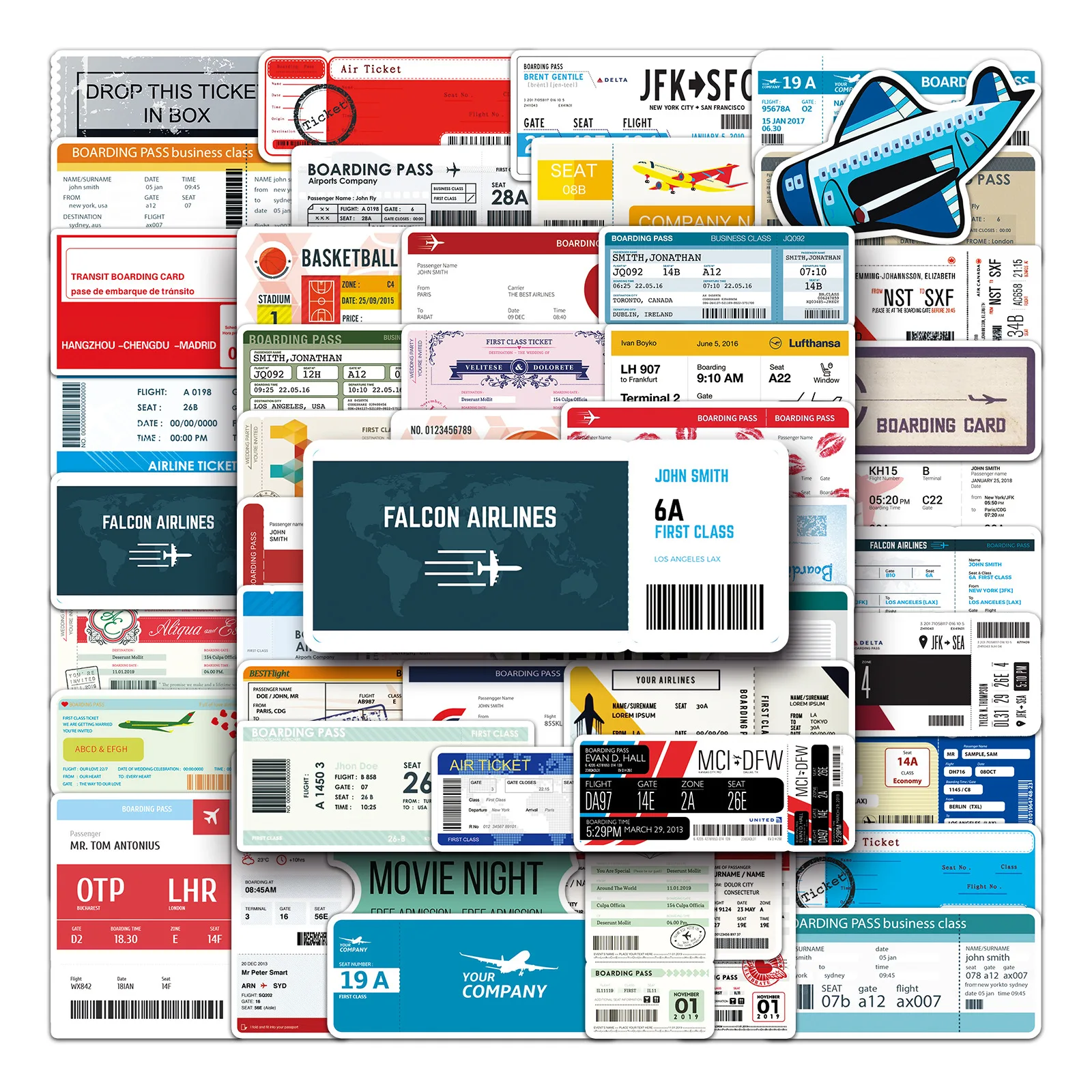 50PCS Airline Boarding Pass Air Ticket Cartoon Ticket Root Graffiti Decorative Laptop Case iPad Waterproof Sticker Kids Toy