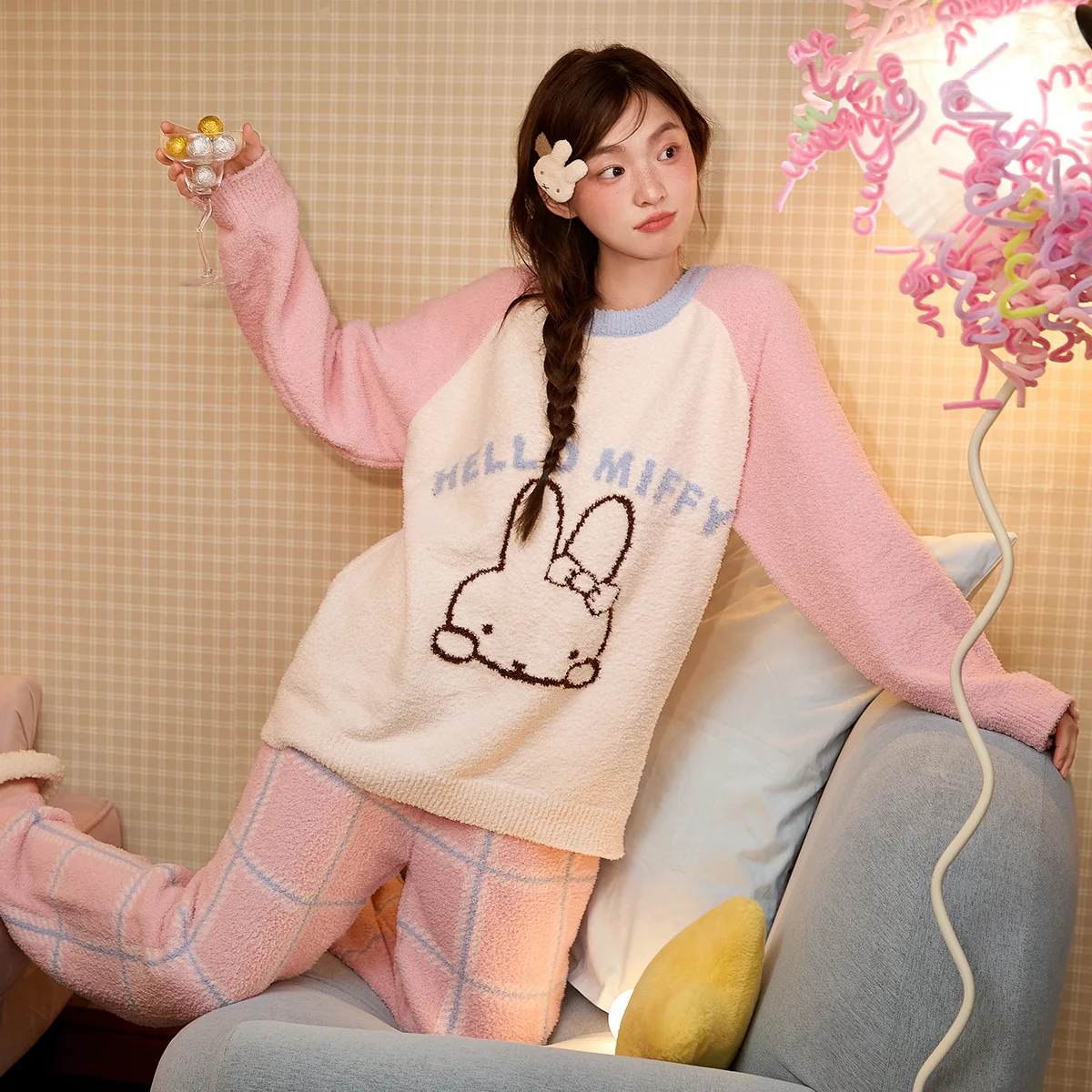 Miffy Autumn and Winter Pajamas for Women Kawaii Thickened Half Fleece Warm Cute and Sweet Home Wear for Girls