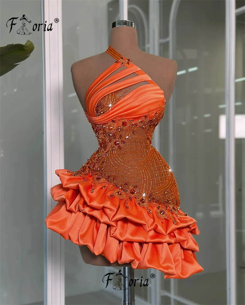 Oranje Glinsterende Kristallen Stenen Korte Prom Dress Met Kralen Asymmetrische Vermoeide Ruches Cocktail Homecoming Feestjurk 2024 Chic