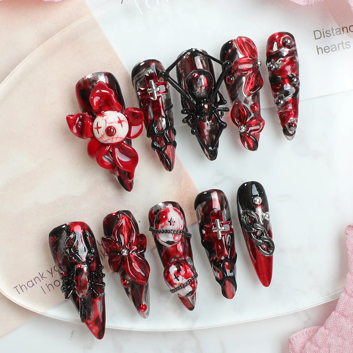 

VITAGWX 10 шт. Накладные ногти ручной работы, высококачественные, для Хэллоуина, с пауками, длинные, в форме миндаля, черные, красные