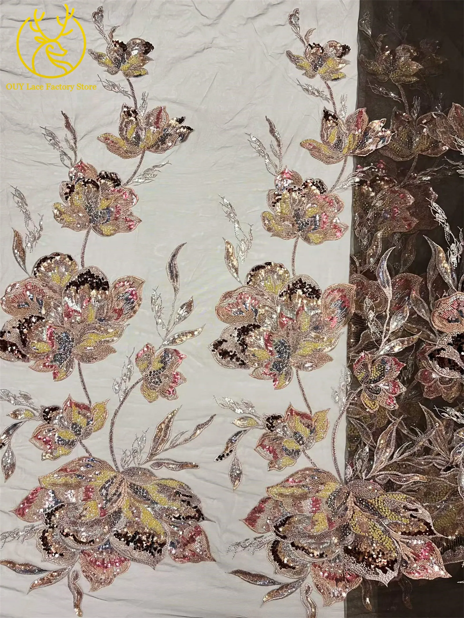 Luxuriöser afrikanischer Brautkleidstoff mit Stickerei, großen Blumen und Perlen, 5 Yards, hochwertiger französischer Pailletten-Spitzenstoff zum Nähen von Kleidern – Detail 8