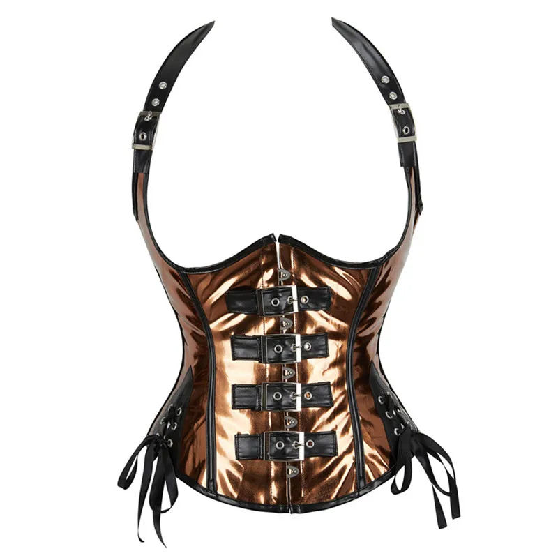 Steampunk Corsets Top Women Halter Corselet Zip Buckled Gothic Underbust Bustier Waist Trainer Vest Corset Silver Black Coffee