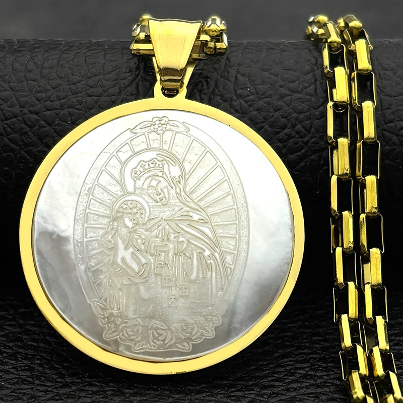 

Virgin Mary Baby Jesus Necklaces Women Men Stainless Steel Natural Shell Classic Religion Symbol Catholic Chain Jewelry Gifts