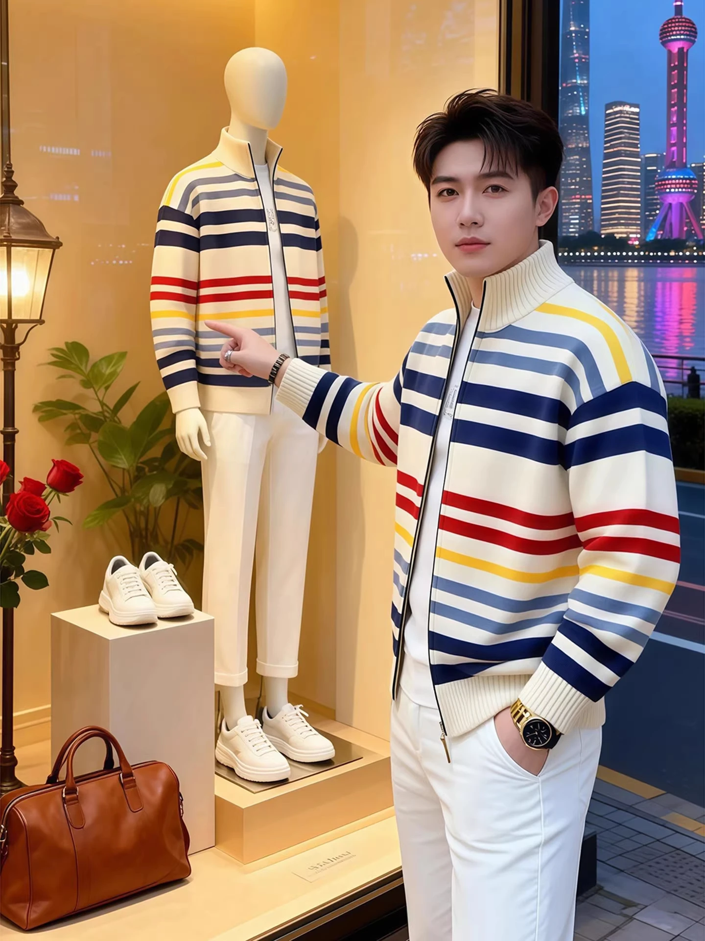 

Мужской вязаный кардиган с воротником-стойкой на молнии, в полоску, в корейском стиле, премиум-класса, весенняя мода