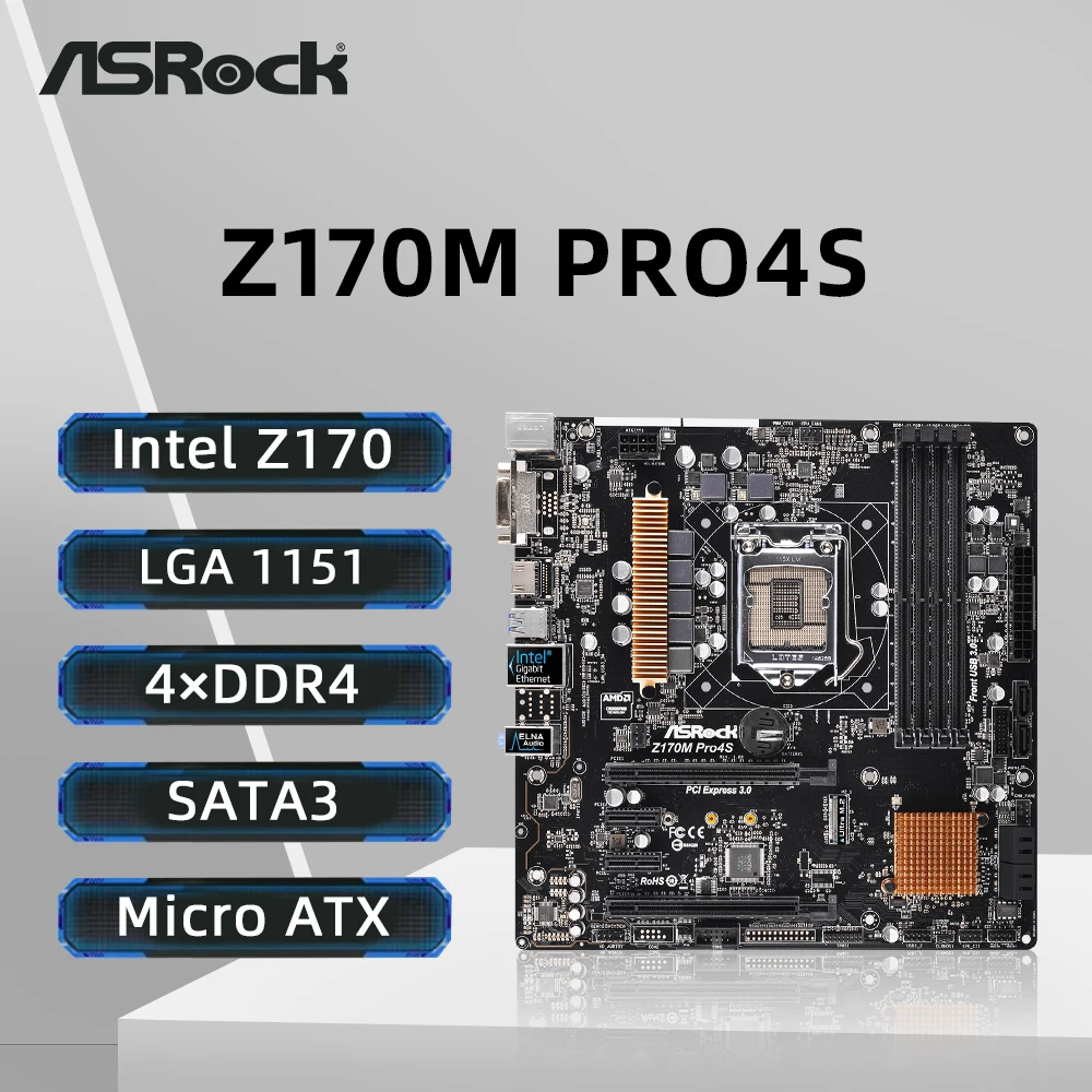 ASRock Z170M PRO4S Motherboard LGA1151 Support Core i3-6100 i5-6500 i7-6700K CPU Intel Z170 64GB PCI-E 3.0 M.2 PCI-E X16 mATX