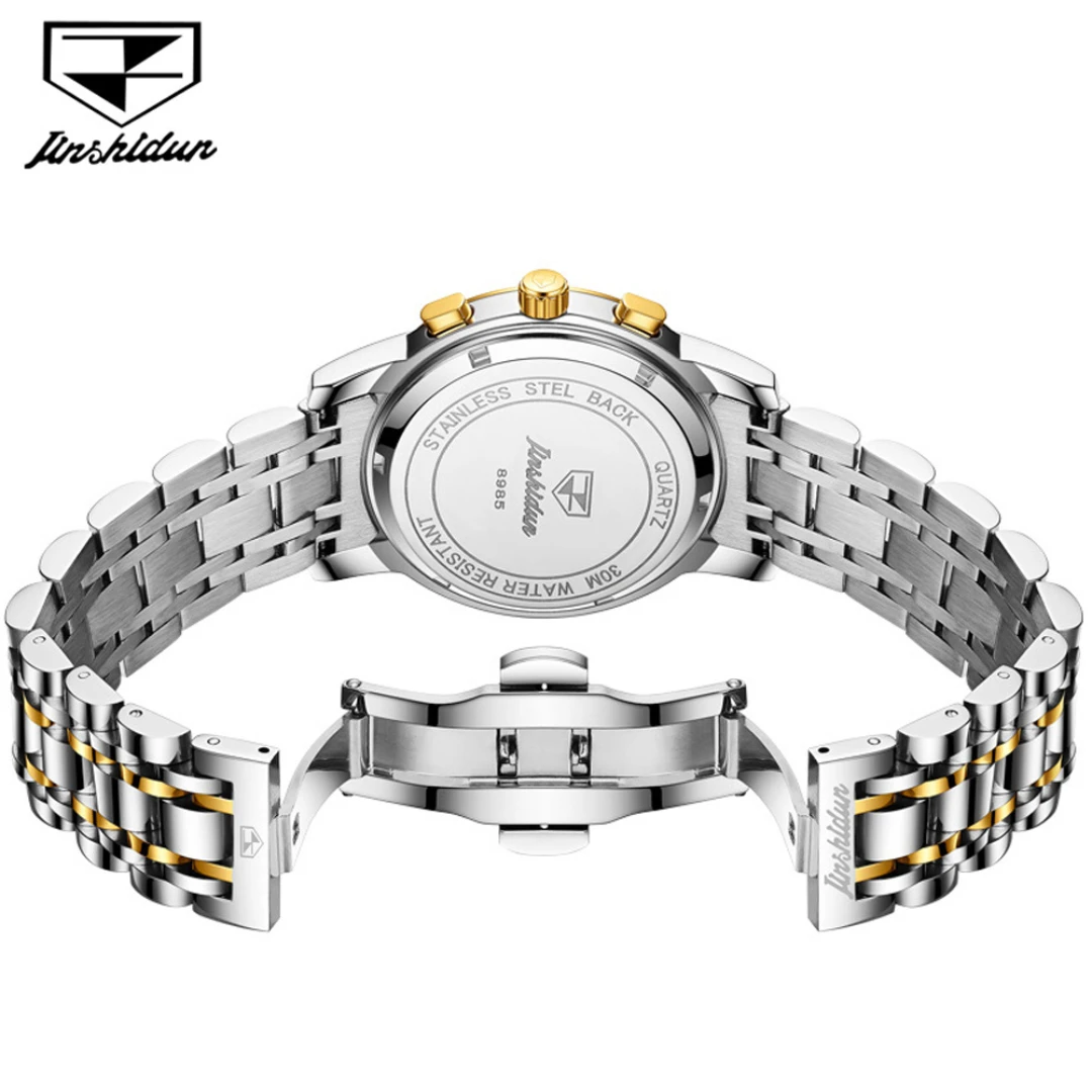 JSDUN 8985, модные кварцевые часы, подарок, ремешок для часов из нержавеющей стали, наручные часы с круглым циферблатом, календарь фазы Луны, светящийся маленький второй