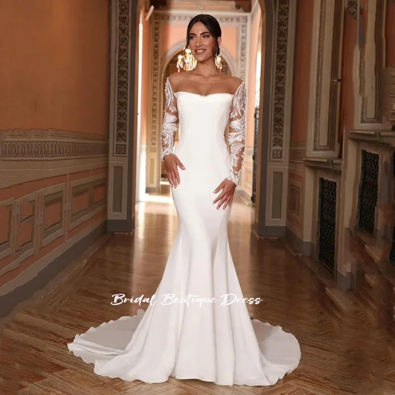

Customized Boho Lace Appliques Mermaid Wedding Dress Sexy Open Back Button Bridal Gown Long Sleeves Sweep Train Vestidos