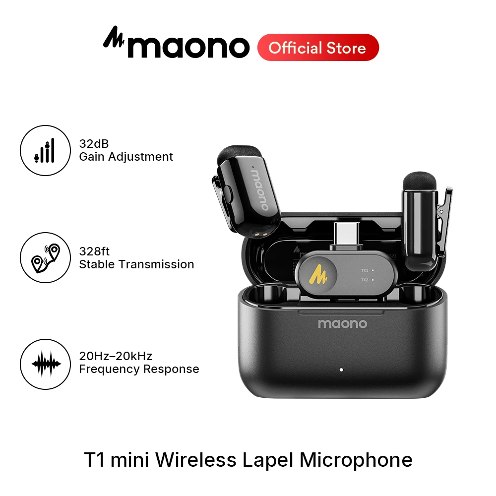 

maono T1 mini Wireless Lav Mic for Phone AI Noise Cancelling Auto Clipping App Control Clip-on Microphone for Video Recording