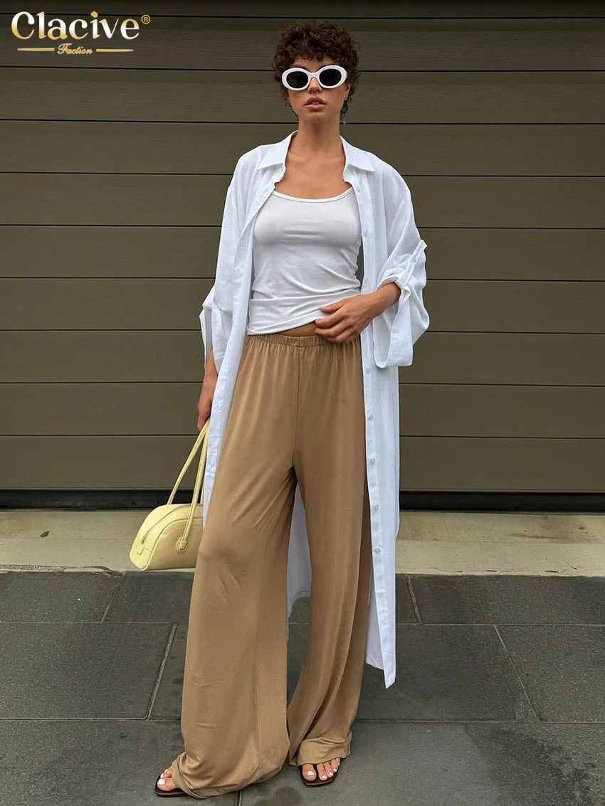 Clacive Fashion Loose White Cotton Women Dress Casual Lapel Long Sleeve Ankle Length Dresses Elegant Classic Solid Female Dress