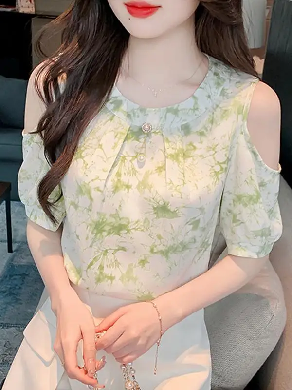 

Floral Print Off-oulder ort Sve Women's T-irt Summer New Design Unique Elegance Chiffon Top Sweet Sle Polyester Fiber