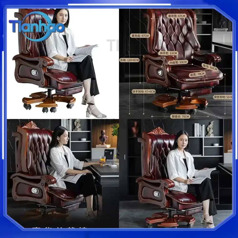 Luxury Leather Cowhide Office Chair for Boss President Business Massage Home Use with Solid Wood Frame and Reclining Function
