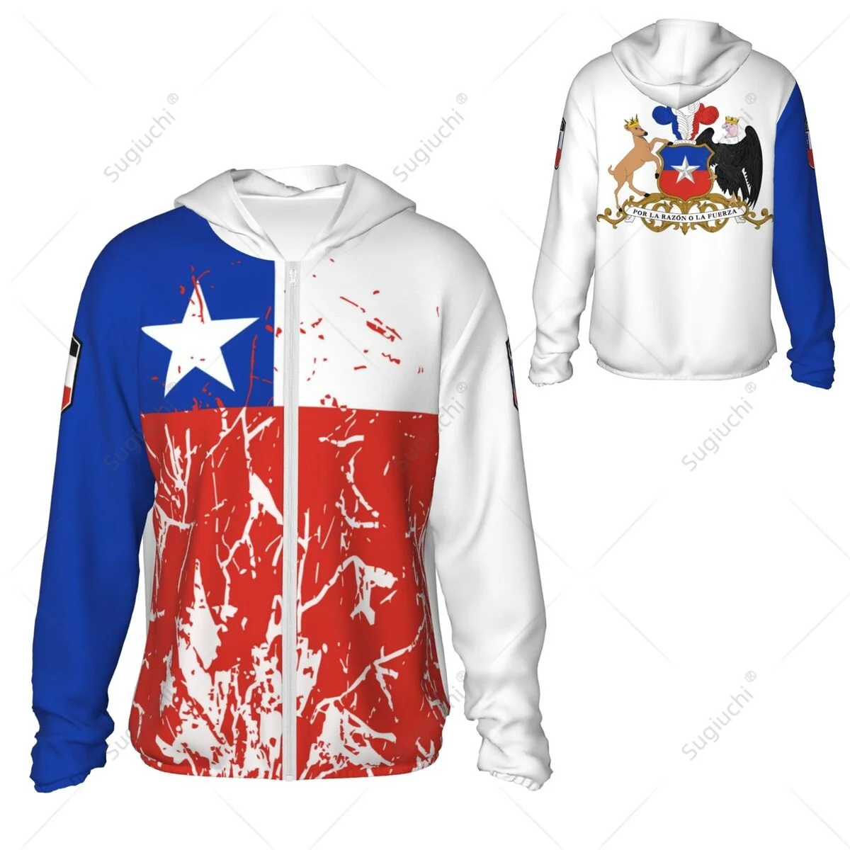 Chile Flag Grain Sun Protection Hoodie Sunscreen Clothes Fishing Cycling Running Quick Dry Long Sleeve With Zipper Polyester