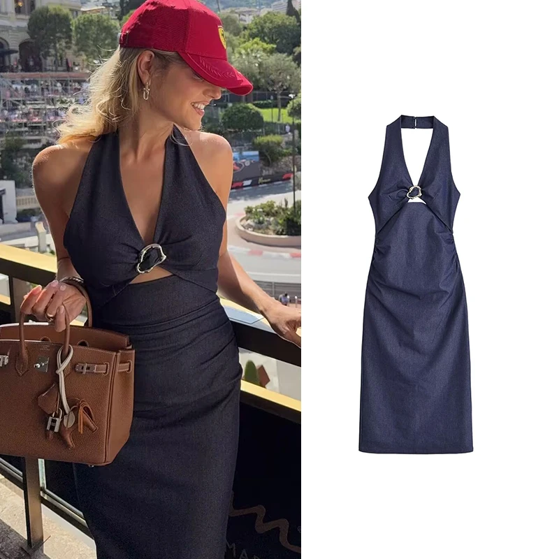 Denim Dress Summer 2025 New Fashion Slim V-neck Hanging Neck Elegant Long Dress Women Street Holiday Chic Youth Party Dress