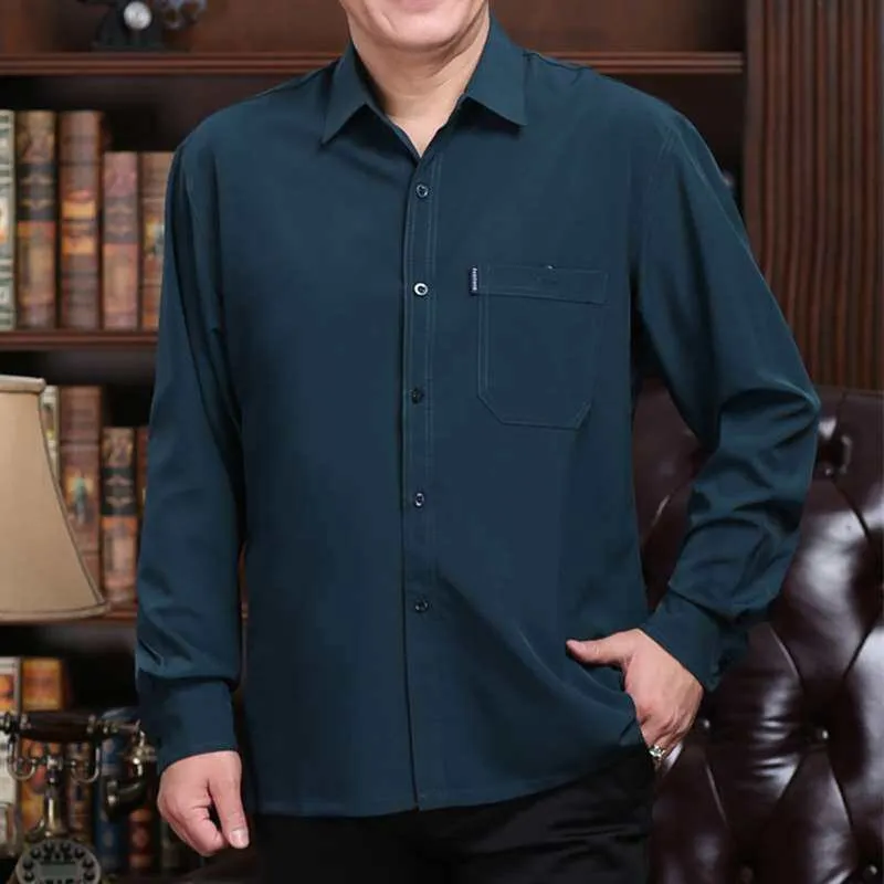 

Middle-aged Men's Business Long-sleeved Shirt Non-ironing PU Leather Thickened Spring Commute Style Pure Color Square Collar