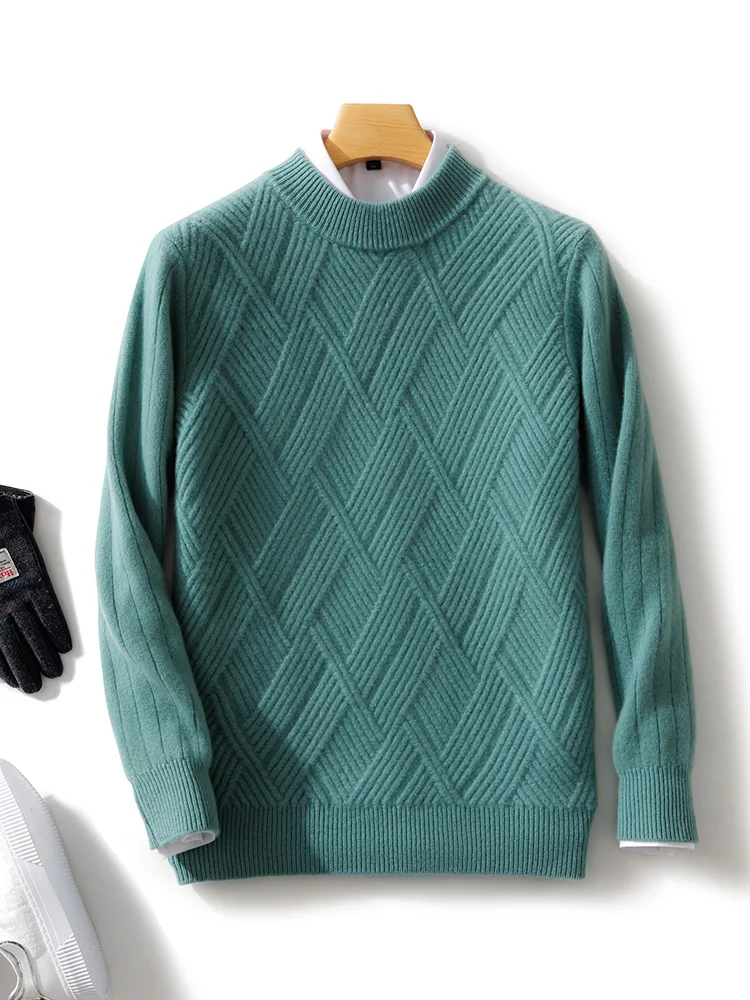 Men's 100% Wool Sweater Autumn Winter Mock Neck Long Sleeve Pullover Thick Soft Warm Cashmere Knitwear Smart Casual Clothing Top